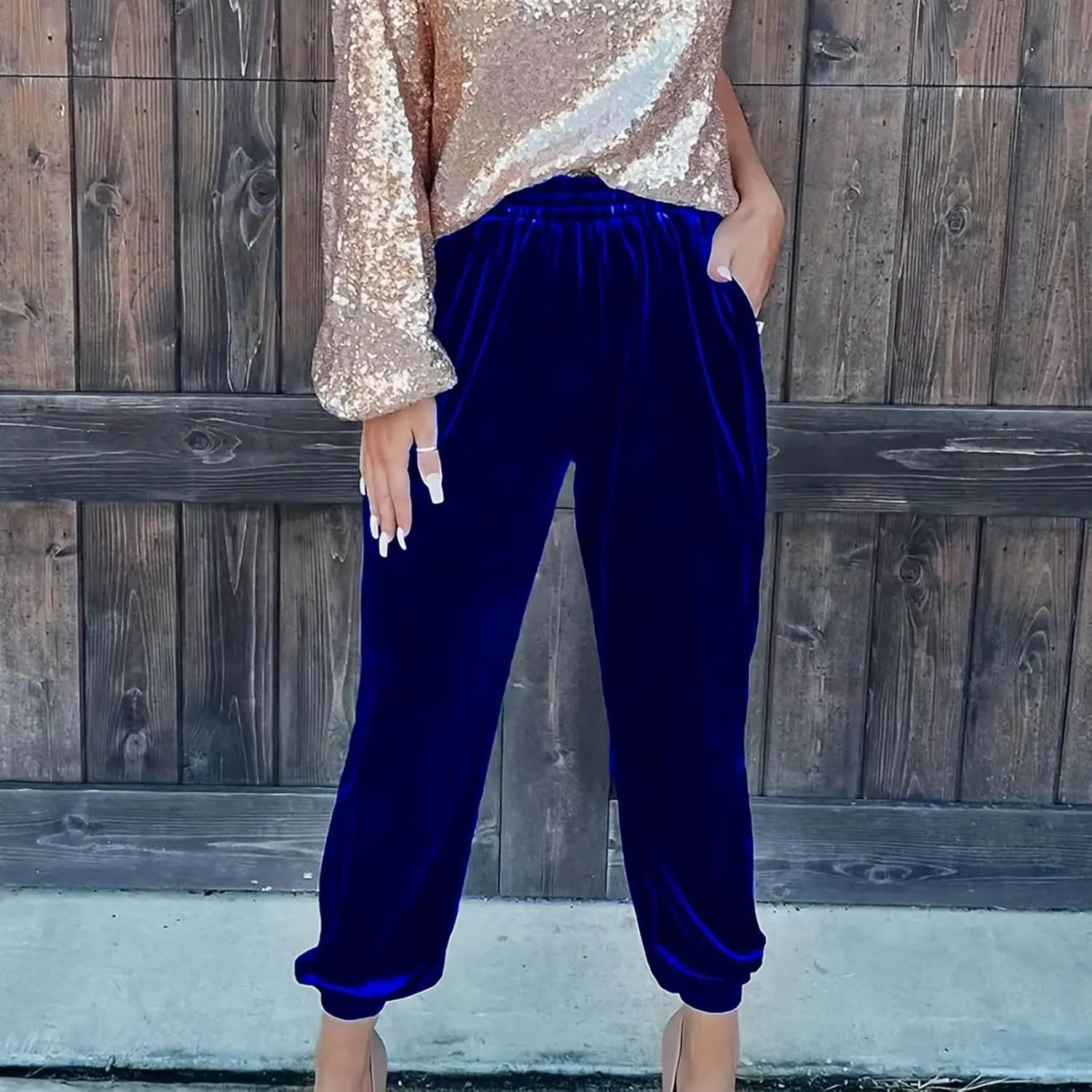 Women's Golden Velvet Harem Pants High Waist Yoga Trousers Casual Track Cuff Stretch Trousers with Pockets