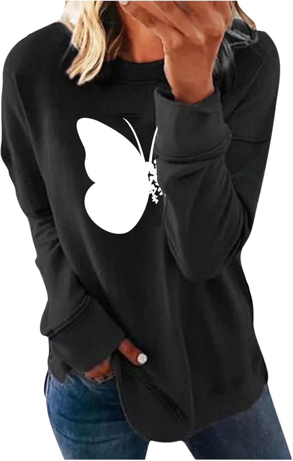 Womens Graphic Print Sweatshirts Long Sleeve Crewneck Tunic Tops Casual Butterfly Pullover Sweater Shirts Trendy 2023