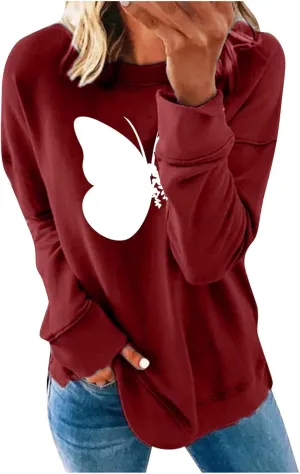 Womens Graphic Print Sweatshirts Long Sleeve Crewneck Tunic Tops Casual Butterfly Pullover Sweater Shirts Trendy 2023