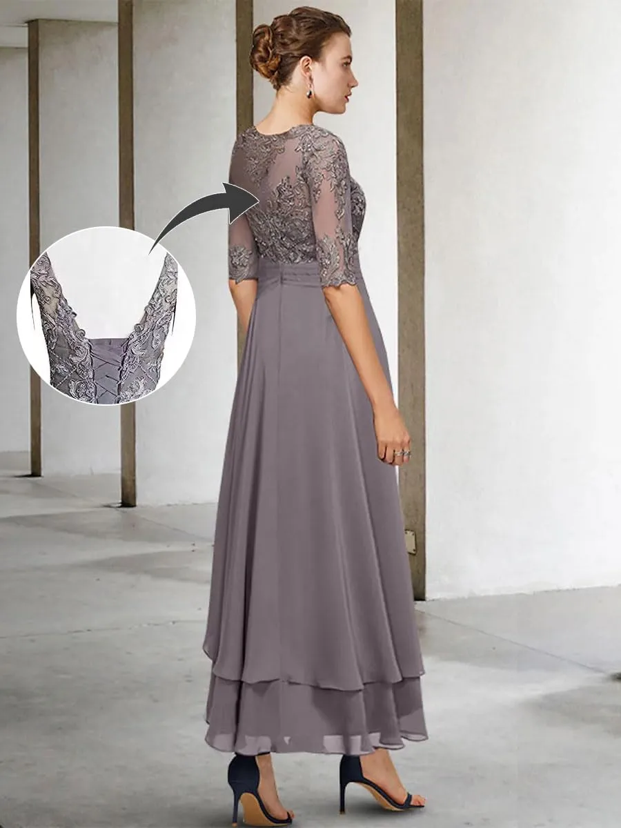 Women's Half Sleeves Mother of The Bride Dresses High Low Lace Chiffon Formal Party Gown