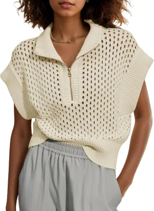 Womens Hollow Out Sweater Vest Summer Casual Quarter Zip Cap Sleeve Crochet Knit Tops