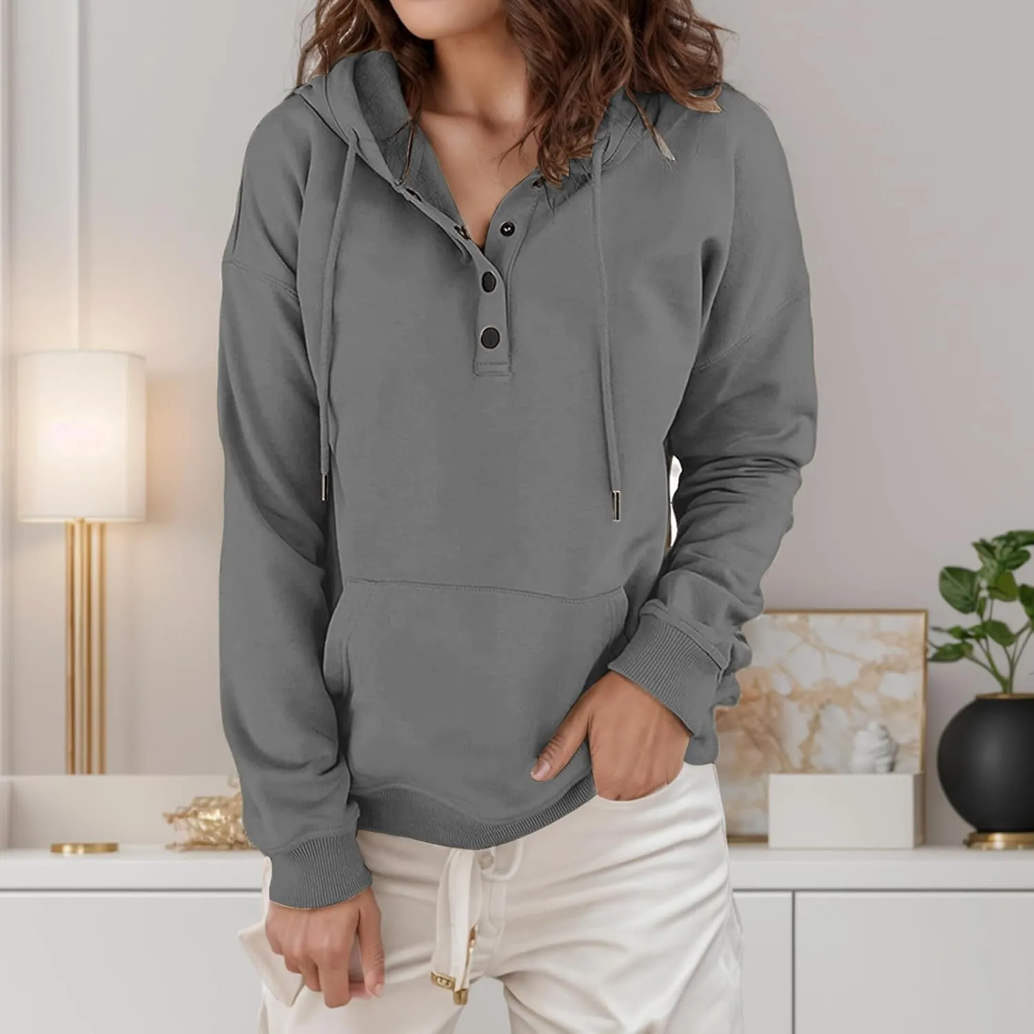 Women's Hoodies Button Down Oversize Hooded Sweatshirts Casual Long Sleeve Drawstring Pullover Tops with Pocket
