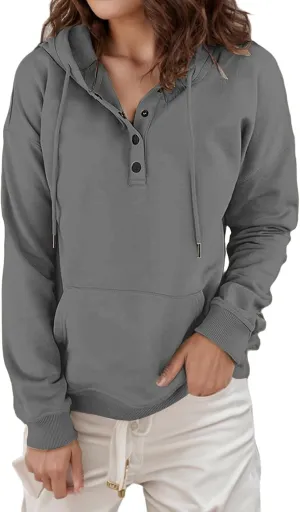 Women's Hoodies Button Down Oversize Hooded Sweatshirts Casual Long Sleeve Drawstring Pullover Tops with Pocket