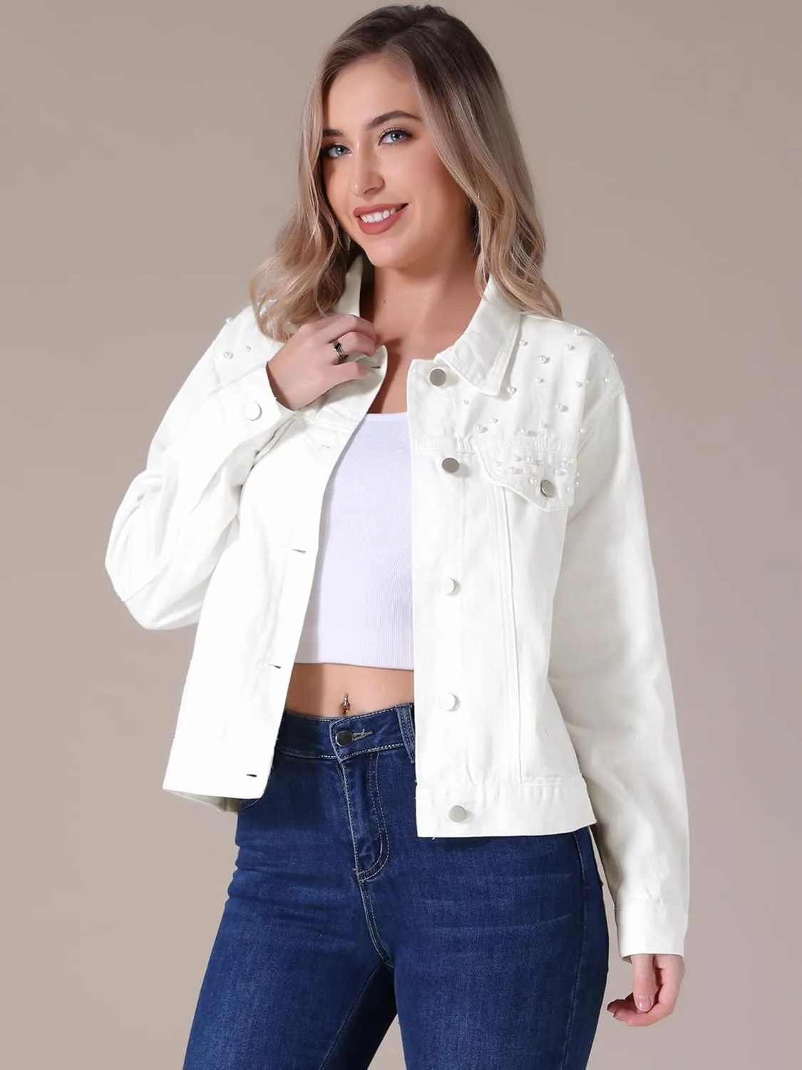 Women's Jean Jacket Trendy Spring Long Sleeve Button Up Pearl Denim Jackets
