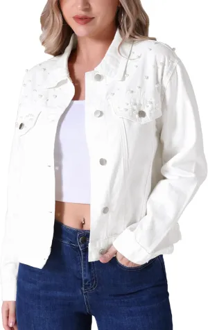 Women's Jean Jacket Trendy Spring Long Sleeve Button Up Pearl Denim Jackets
