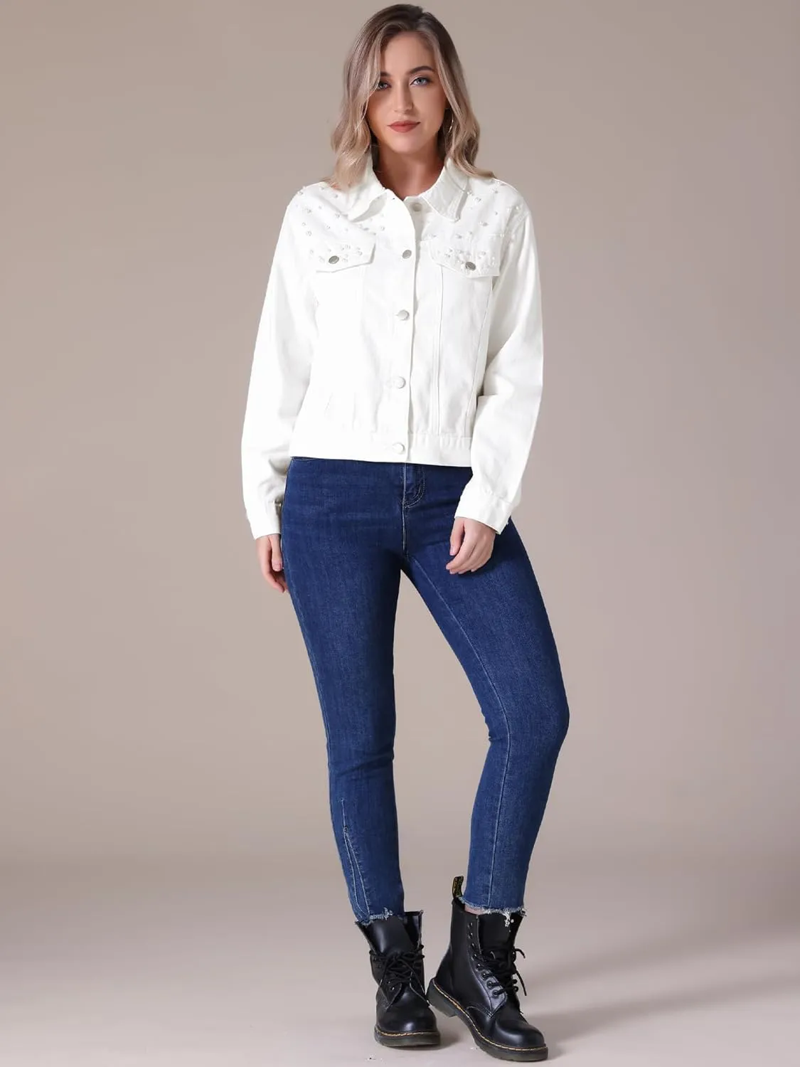 Women's Jean Jacket Trendy Spring Long Sleeve Button Up Pearl Denim Jackets