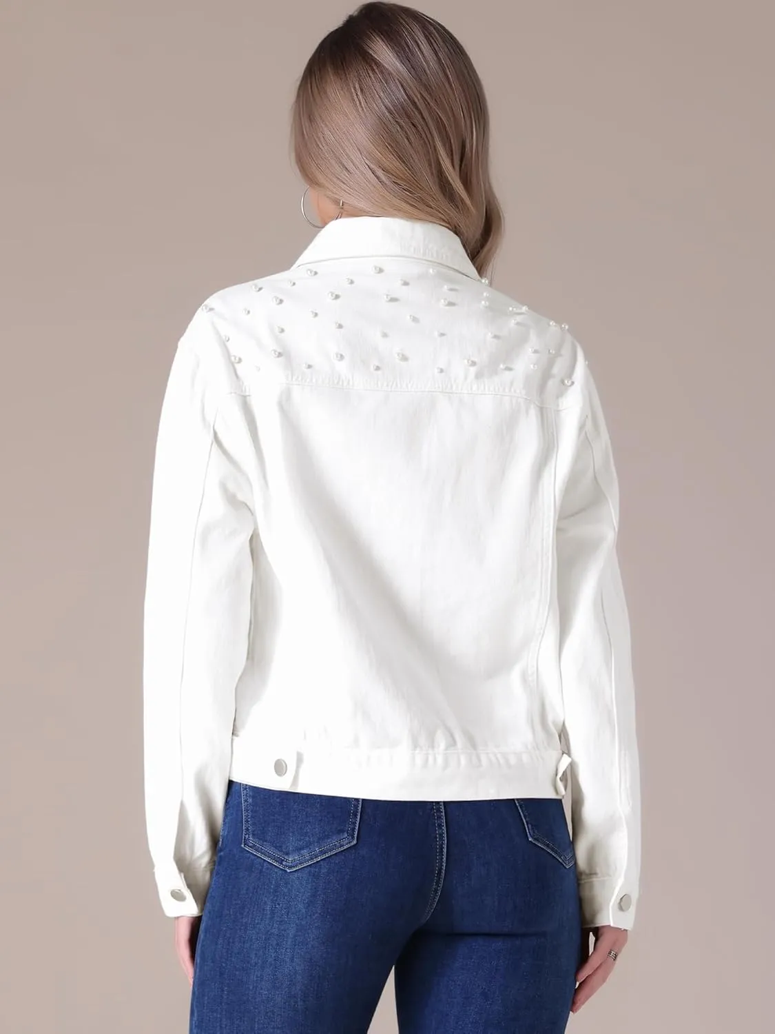 Women's Jean Jacket Trendy Spring Long Sleeve Button Up Pearl Denim Jackets
