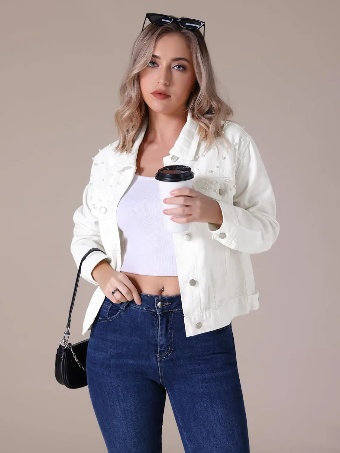 Women's Jean Jacket Trendy Spring Long Sleeve Button Up Pearl Denim Jackets