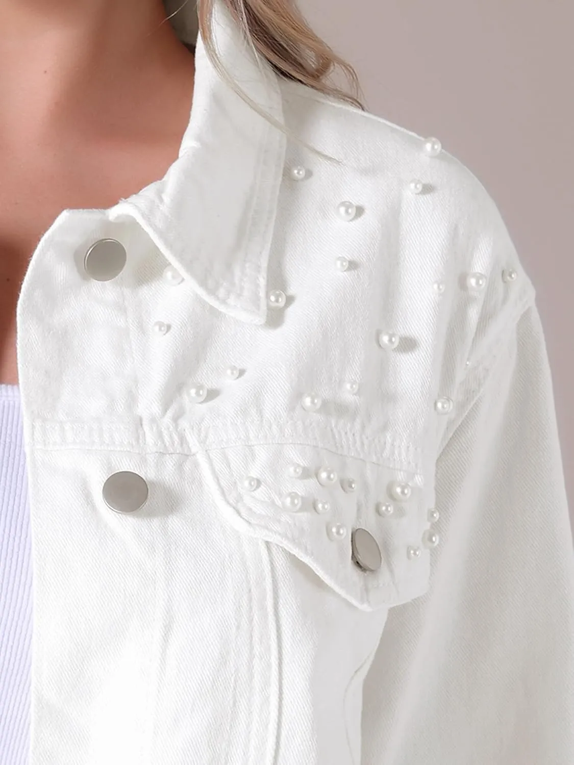 Women's Jean Jacket Trendy Spring Long Sleeve Button Up Pearl Denim Jackets
