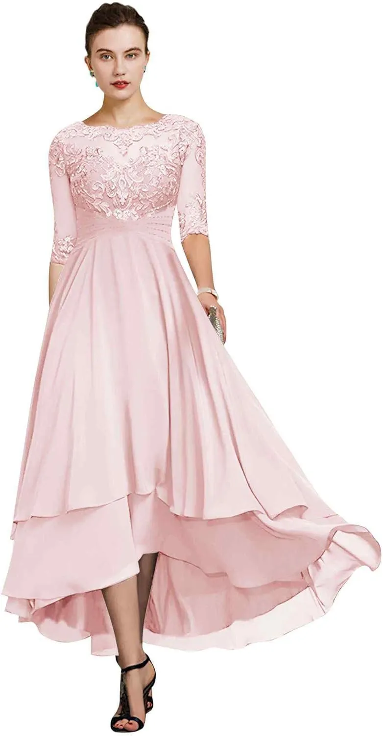 Women's Lace Mother of The Bride Dresses High Low Chiffon Half Sleeves Formal Dress Wedding Guest Party Gown