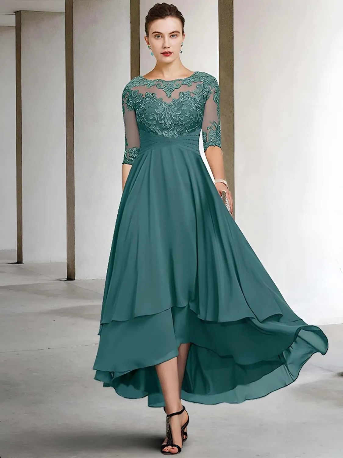 Women's Lace Mother of The Bride Dresses High Low Chiffon Half Sleeves Formal Dress Wedding Guest Party Gown