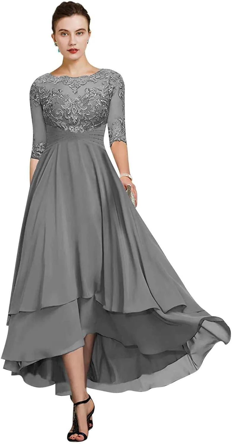 Women's Lace Mother of The Bride Dresses High Low Chiffon Half Sleeves Formal Dress Wedding Guest Party Gown