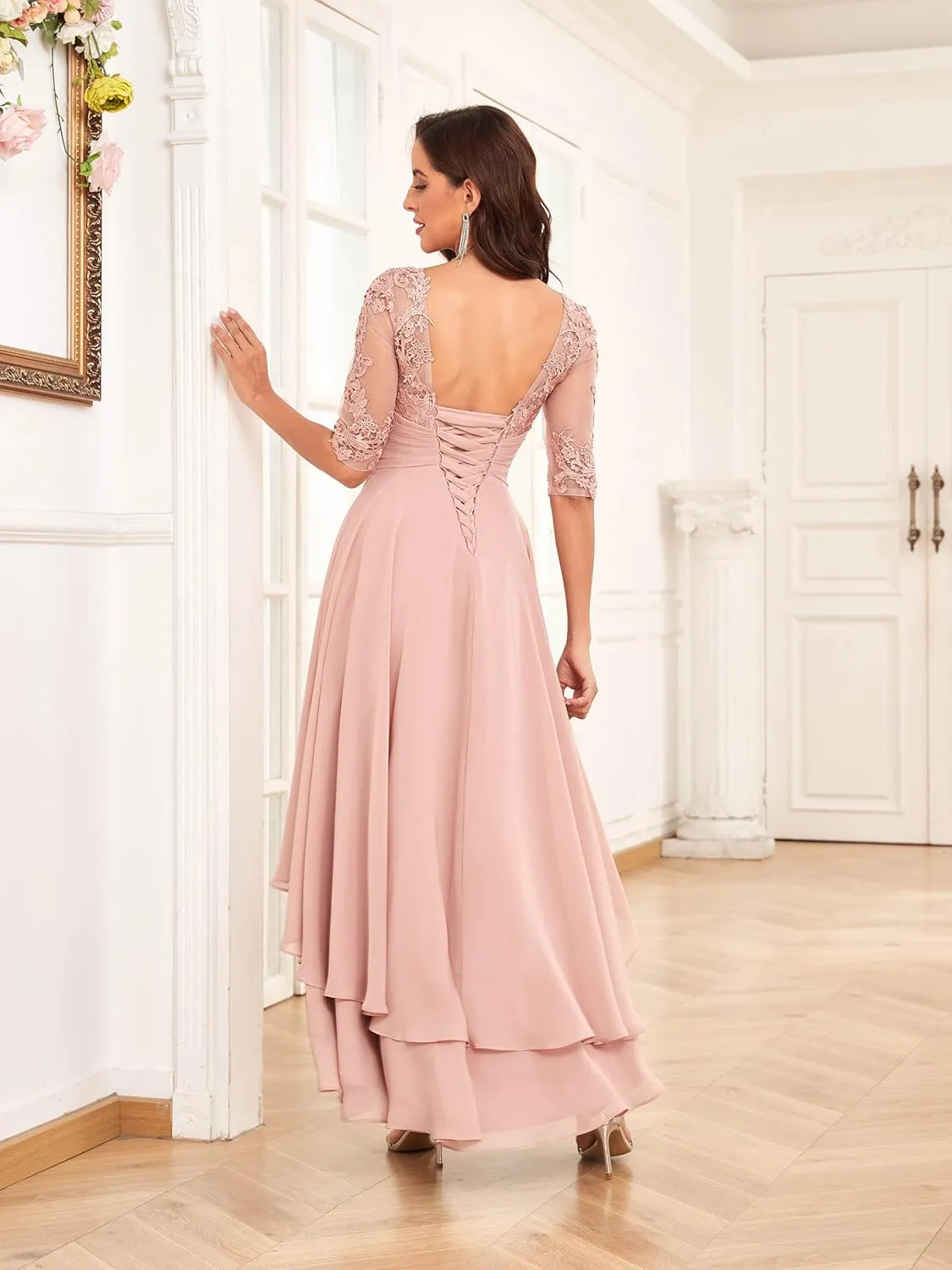 Women's Lace Mother of The Bride Dresses High Low Chiffon Half Sleeves Formal Dress Wedding Guest Party Gown