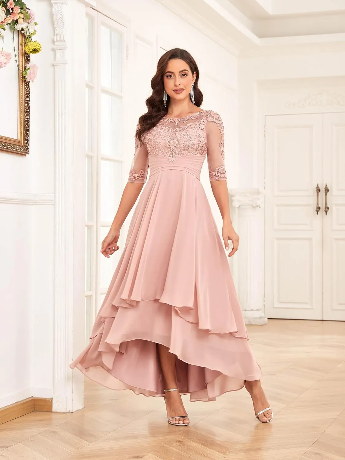 Women's Lace Mother of The Bride Dresses High Low Chiffon Half Sleeves Formal Dress Wedding Guest Party Gown