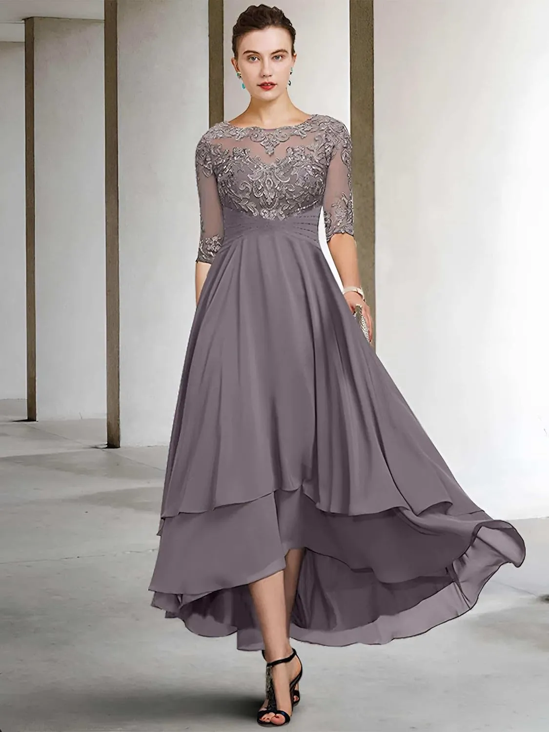 Women's Lace Mother of The Bride Dresses High Low Chiffon Half Sleeves Formal Dress Wedding Guest Party Gown