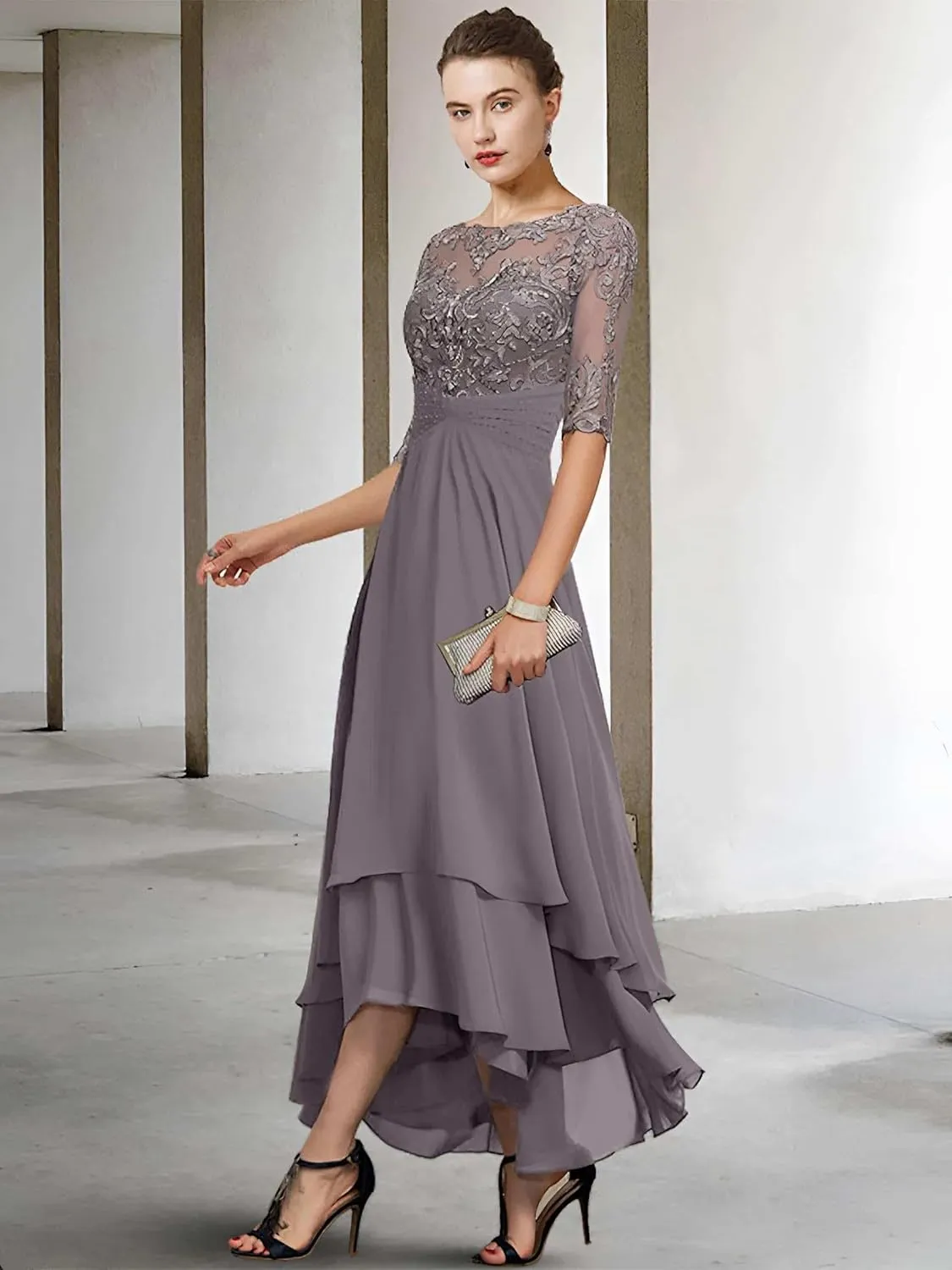 Women's Lace Mother of The Bride Dresses High Low Chiffon Half Sleeves Formal Dress Wedding Guest Party Gown
