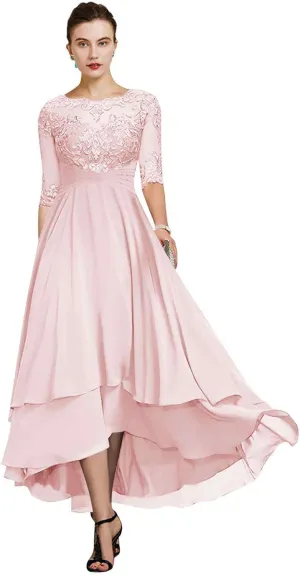 Women's Lace Mother of The Bride Dresses High Low Chiffon Half Sleeves Formal Dress Wedding Guest Party Gown