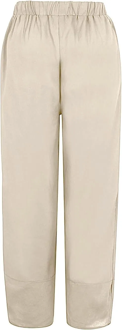 Women's Linen Blend Summer Boho Pants Elastic Waist Wide Leg Slim-Fit Trouser Business Work