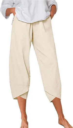 Women's Linen Blend Summer Boho Pants Elastic Waist Wide Leg Slim-Fit Trouser Business Work