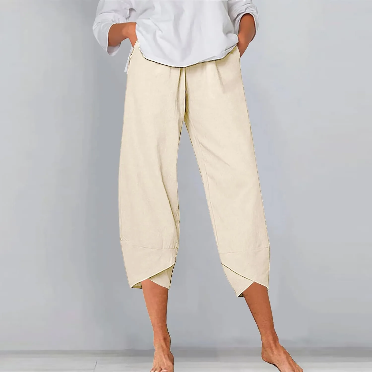 Women's Linen Blend Summer Boho Pants Elastic Waist Wide Leg Slim-Fit Trouser Business Work