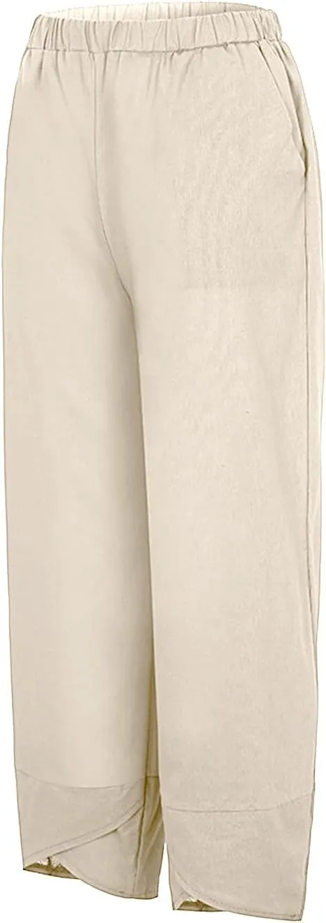 Women's Linen Blend Summer Boho Pants Elastic Waist Wide Leg Slim-Fit Trouser Business Work