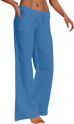 Women's Linen Blend Summer Casual Flowy Palazzo Pants Elastic Waisted Lounge Pants Plus Size Trouser Beach