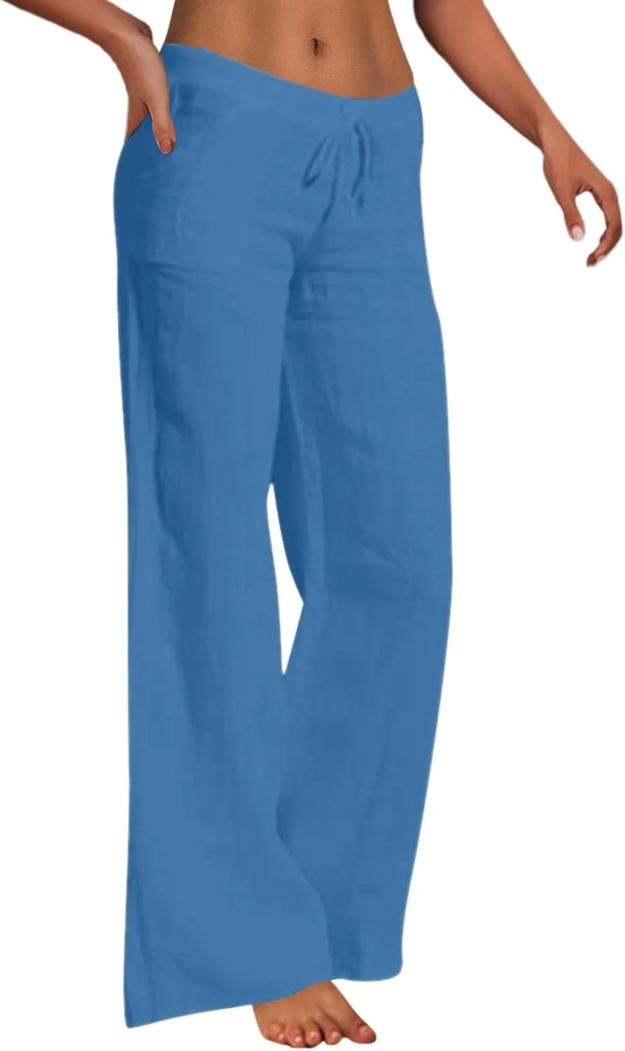 Women's Linen Blend Summer Casual Flowy Palazzo Pants Elastic Waisted Lounge Pants Plus Size Trouser Beach