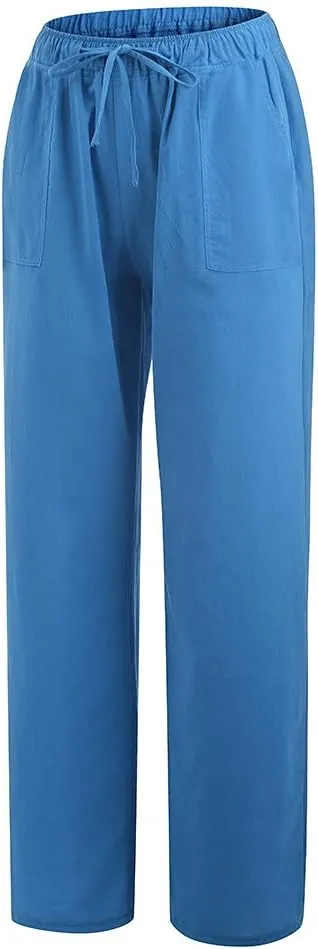 Women's Linen Blend Summer Casual Flowy Palazzo Pants Elastic Waisted Lounge Pants Plus Size Trouser Beach