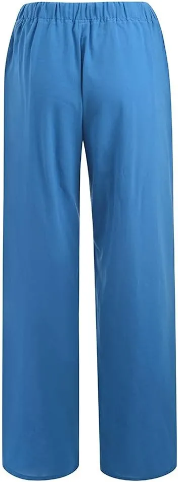 Women's Linen Blend Summer Casual Flowy Palazzo Pants Elastic Waisted Lounge Pants Plus Size Trouser Beach
