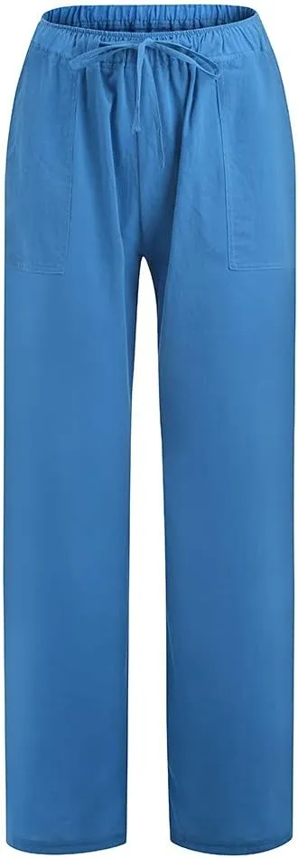Women's Linen Blend Summer Casual Flowy Palazzo Pants Elastic Waisted Lounge Pants Plus Size Trouser Beach