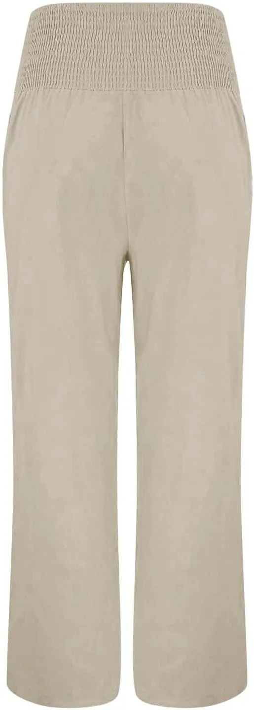 Women's Linen Blend Summer Fashion Palazzo Pants High Waist Wide Leg Plus Size Pant Trousers Beach