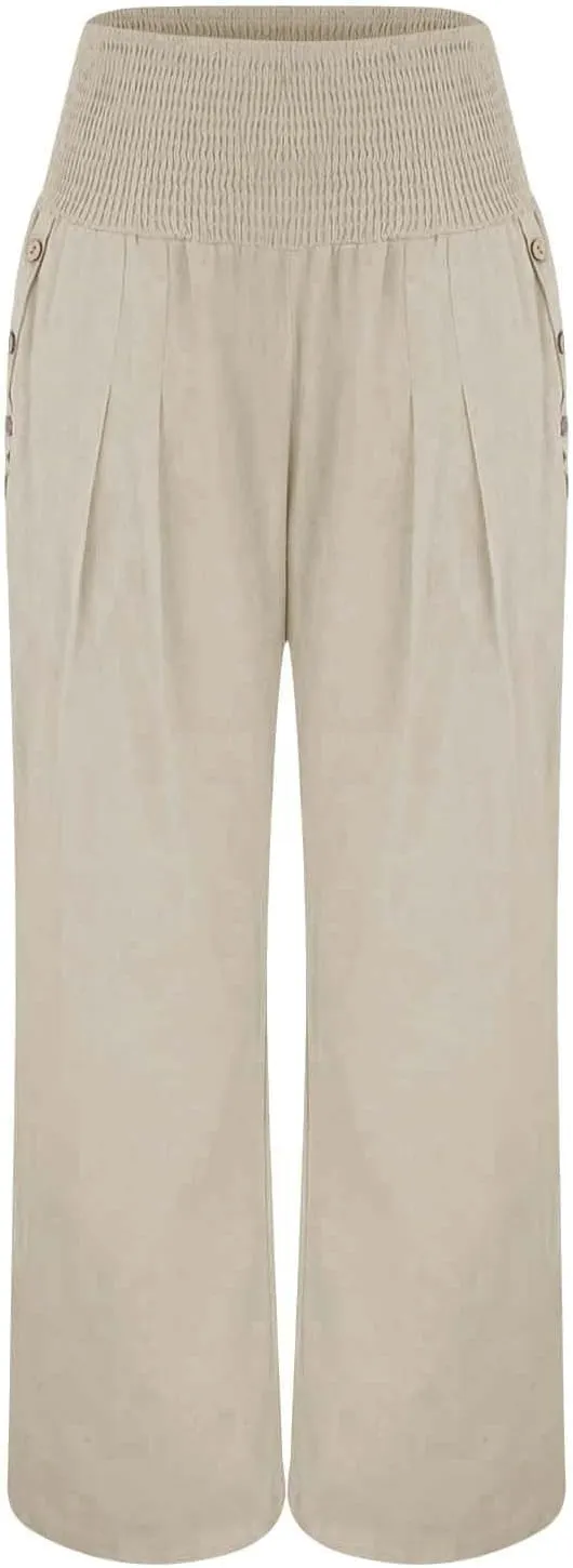 Women's Linen Blend Summer Fashion Palazzo Pants High Waist Wide Leg Plus Size Pant Trousers Beach