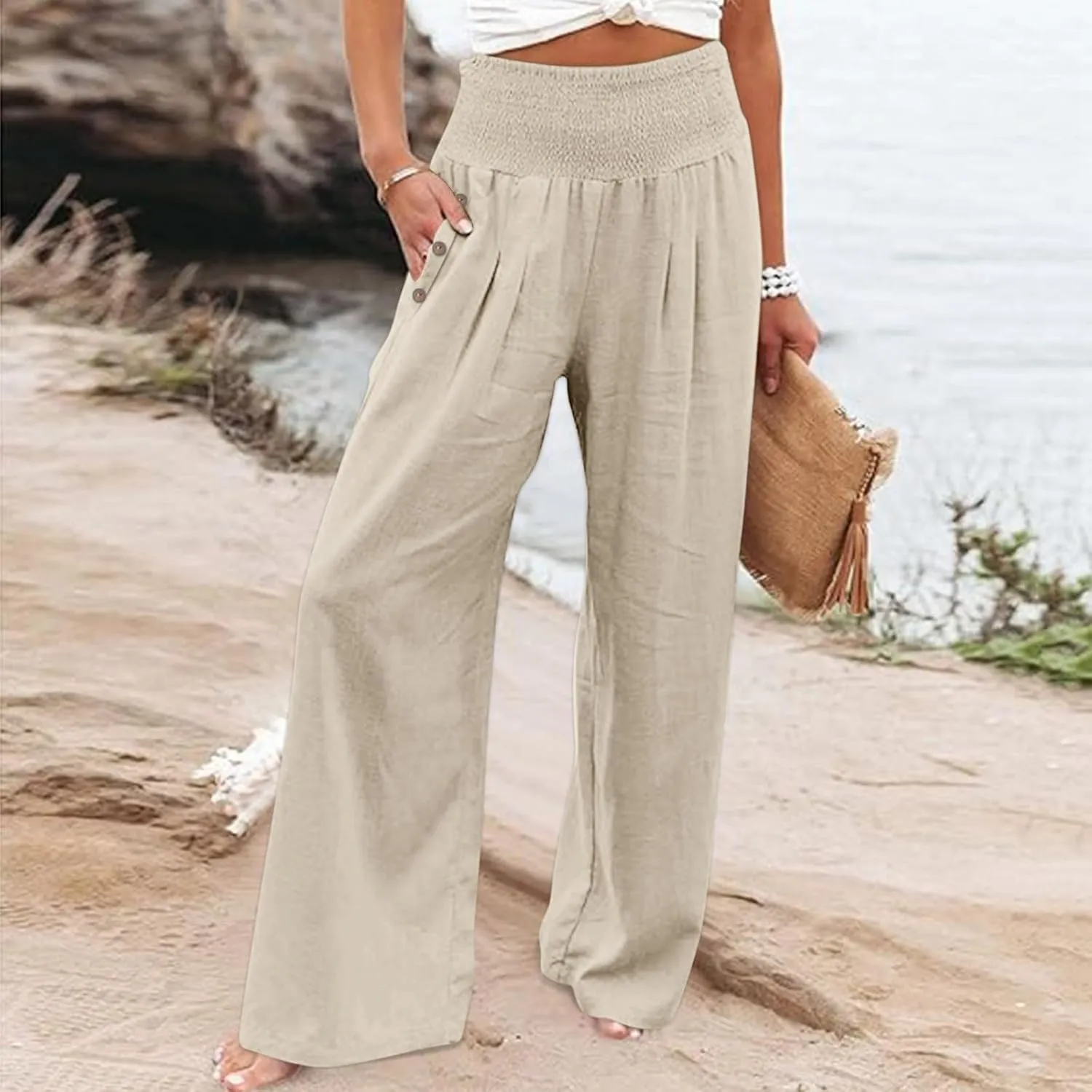 Women's Linen Blend Summer Fashion Palazzo Pants High Waist Wide Leg Plus Size Pant Trousers Beach