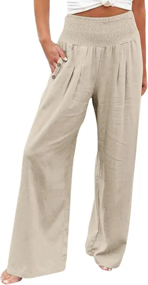 Women's Linen Blend Summer Fashion Palazzo Pants High Waist Wide Leg Plus Size Pant Trousers Beach