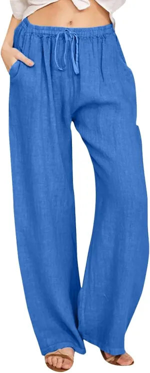 Womens Linen Blend Summer Fashion Pants High Waist Long Lounge Slim Fit Pants Beach