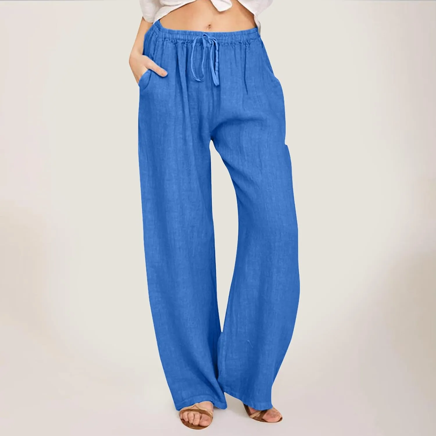 Womens Linen Blend Summer Fashion Pants High Waist Long Lounge Slim Fit Pants Beach