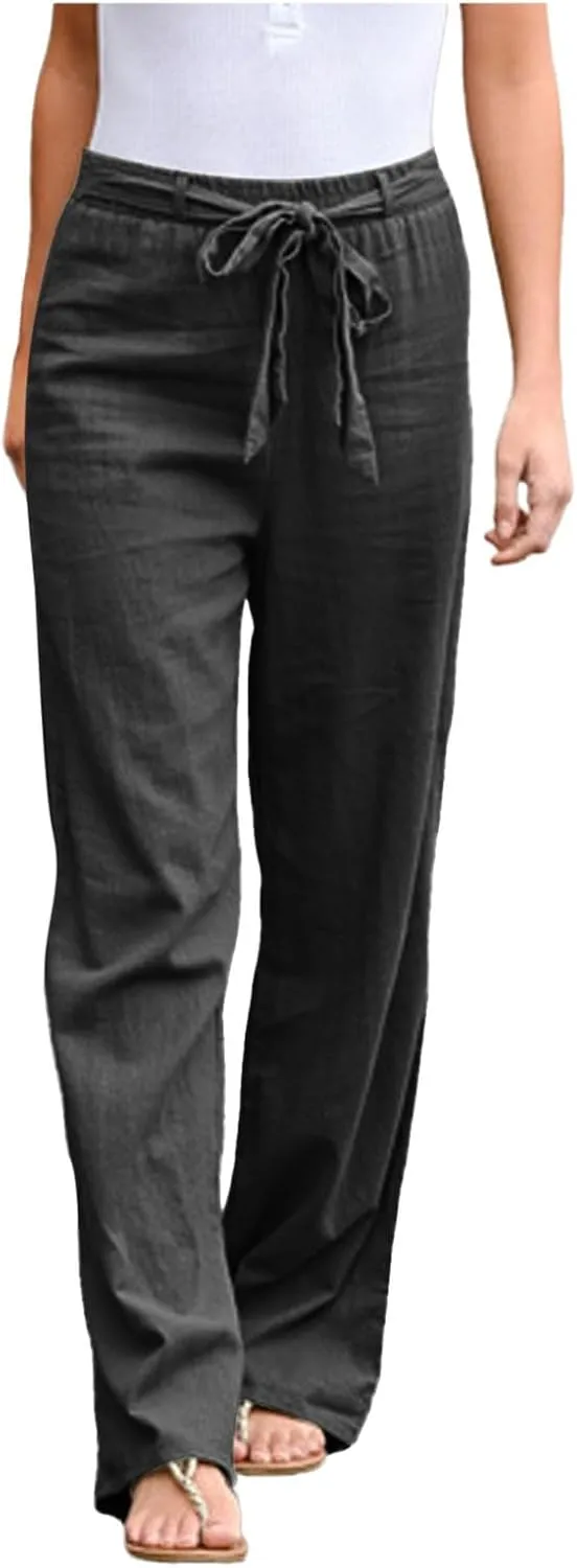 Women's Linen Blend Summer Letter Patched Pants Low Waist Straight Plus Size Trouser Travel