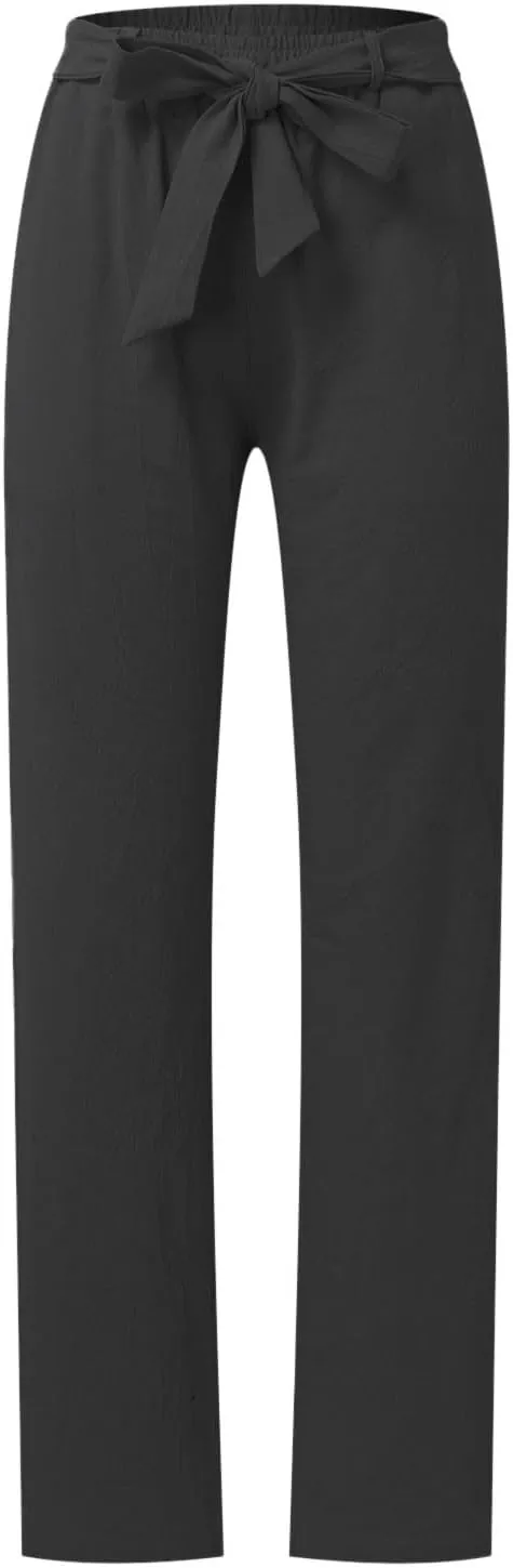 Women's Linen Blend Summer Letter Patched Pants Low Waist Straight Plus Size Trouser Travel