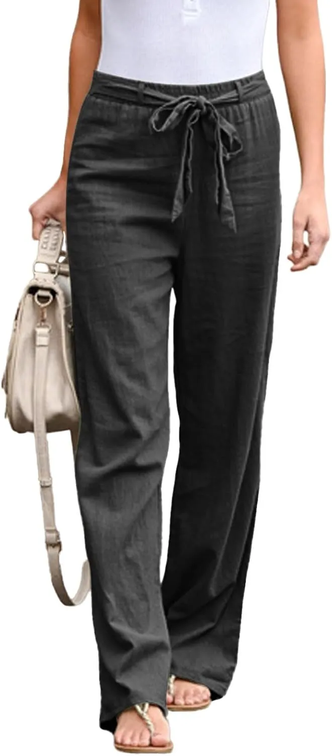 Women's Linen Blend Summer Letter Patched Pants Low Waist Straight Plus Size Trouser Travel