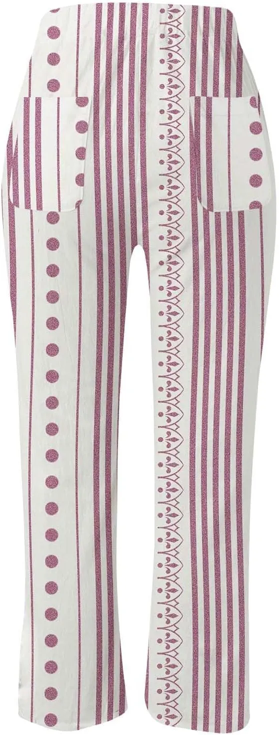 Women's Linen Blend Summer Lightweigt Palazzo Lounge Pants Elastic Waisted Bootcut Slim Fit Trousers Business Work