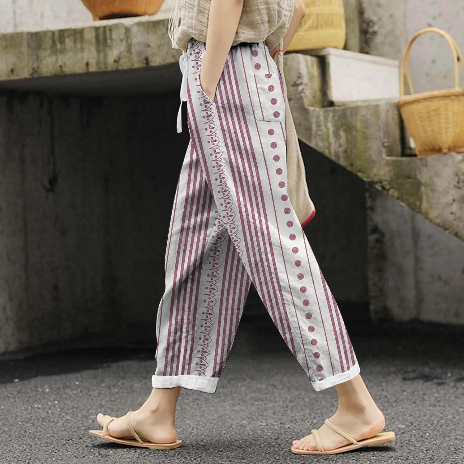 Women's Linen Blend Summer Lightweigt Palazzo Lounge Pants Elastic Waisted Bootcut Slim Fit Trousers Business Work