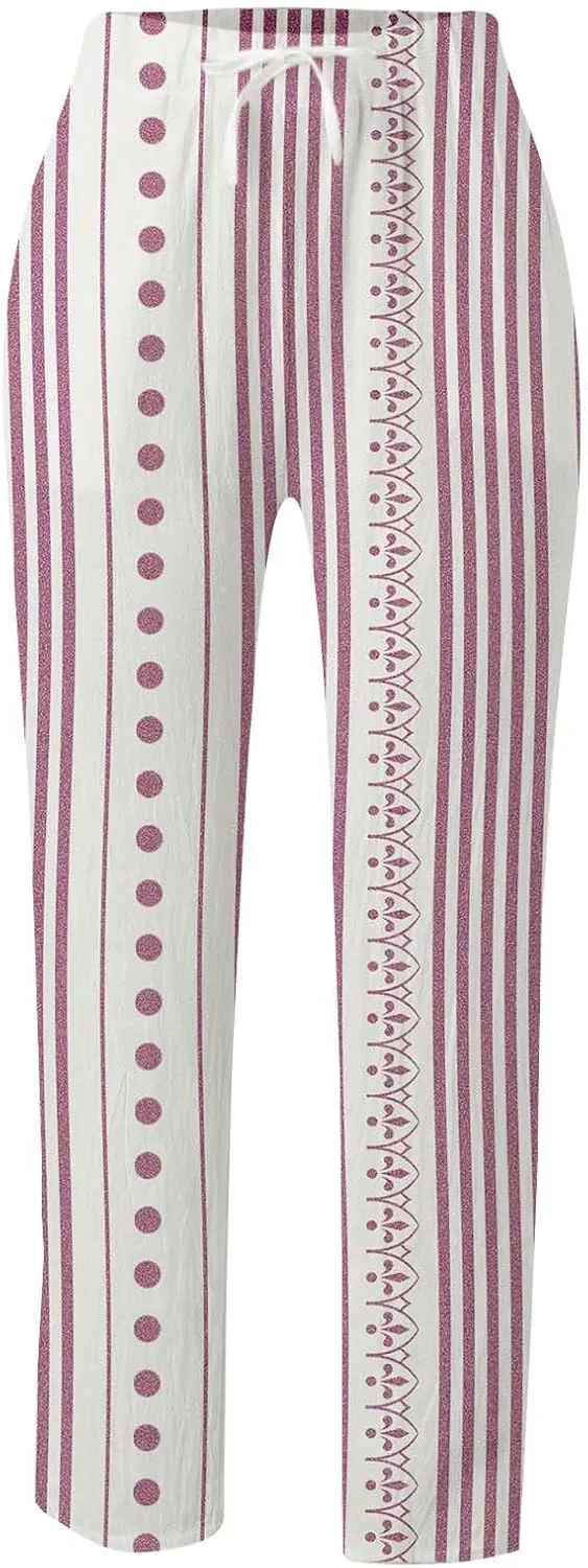 Women's Linen Blend Summer Lightweigt Palazzo Lounge Pants Elastic Waisted Bootcut Slim Fit Trousers Business Work