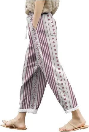 Women's Linen Blend Summer Lightweigt Palazzo Lounge Pants Elastic Waisted Bootcut Slim Fit Trousers Business Work