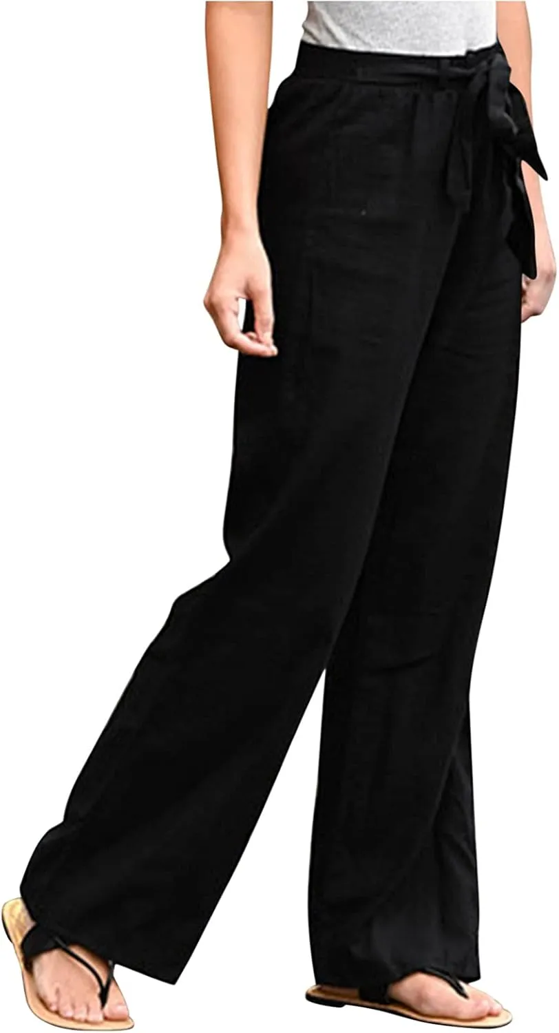 Women's Linen Blend Summer Print Pant Trousers Elastic Waist Wide Leg Slim-Fit Palazzo Lounge Pants Travel