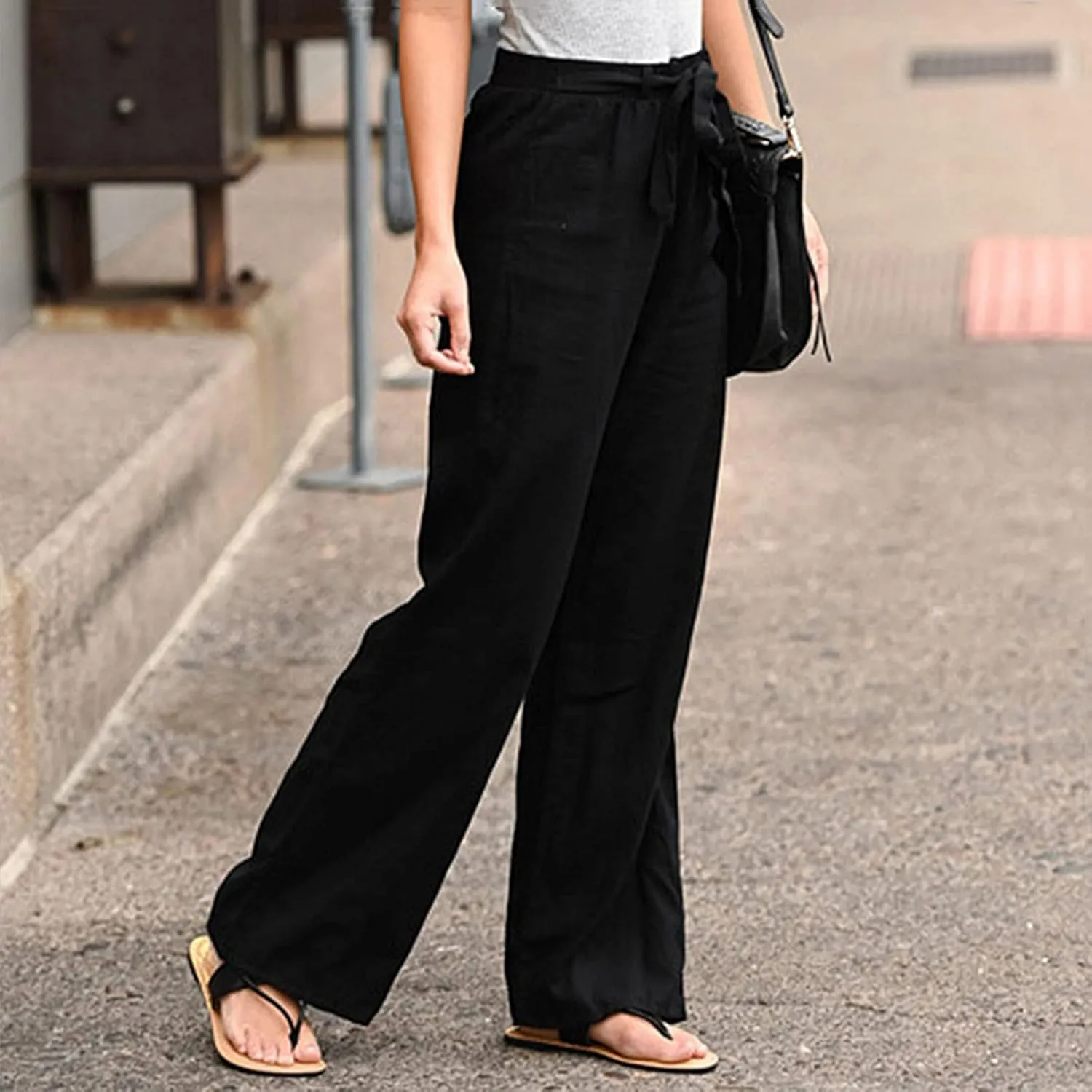 Women's Linen Blend Summer Print Pant Trousers Elastic Waist Wide Leg Slim-Fit Palazzo Lounge Pants Travel
