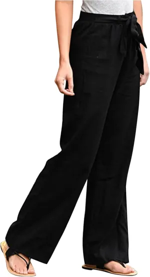 Women's Linen Blend Summer Print Pant Trousers Elastic Waist Wide Leg Slim-Fit Palazzo Lounge Pants Travel