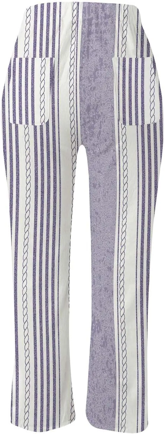 Women's Linen Blend Summer Printed Pant Trousers Elastic Waist Wide Leg Slim-Fit Pants Work Business