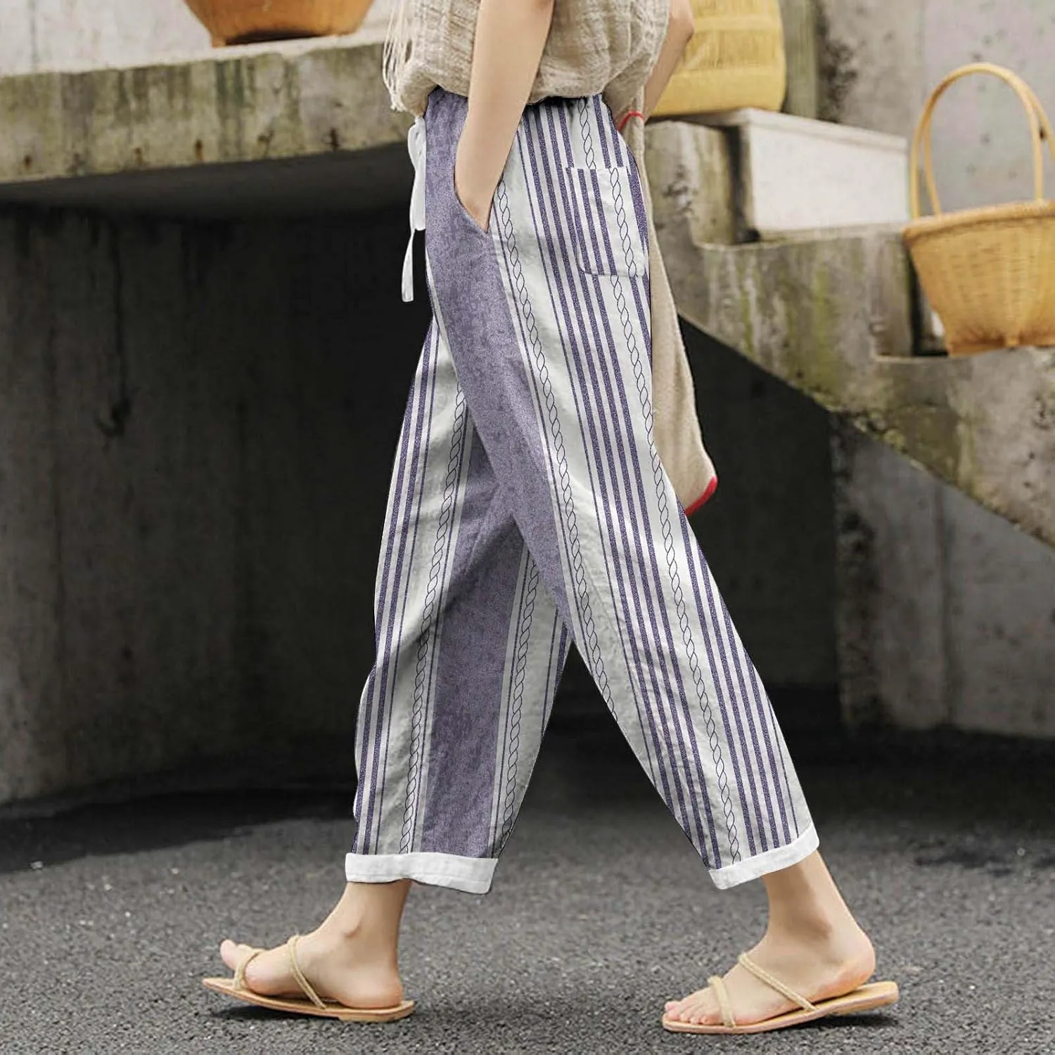 Women's Linen Blend Summer Printed Pant Trousers Elastic Waist Wide Leg Slim-Fit Pants Work Business