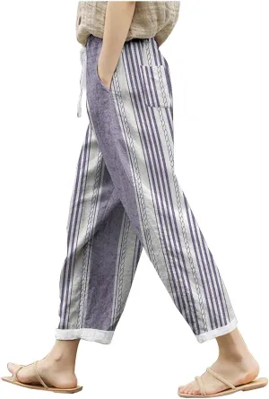 Women's Linen Blend Summer Printed Pant Trousers Elastic Waist Wide Leg Slim-Fit Pants Work Business