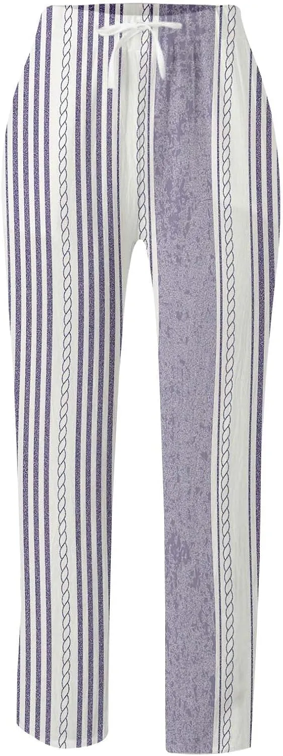Women's Linen Blend Summer Printed Pant Trousers Elastic Waist Wide Leg Slim-Fit Pants Work Business
